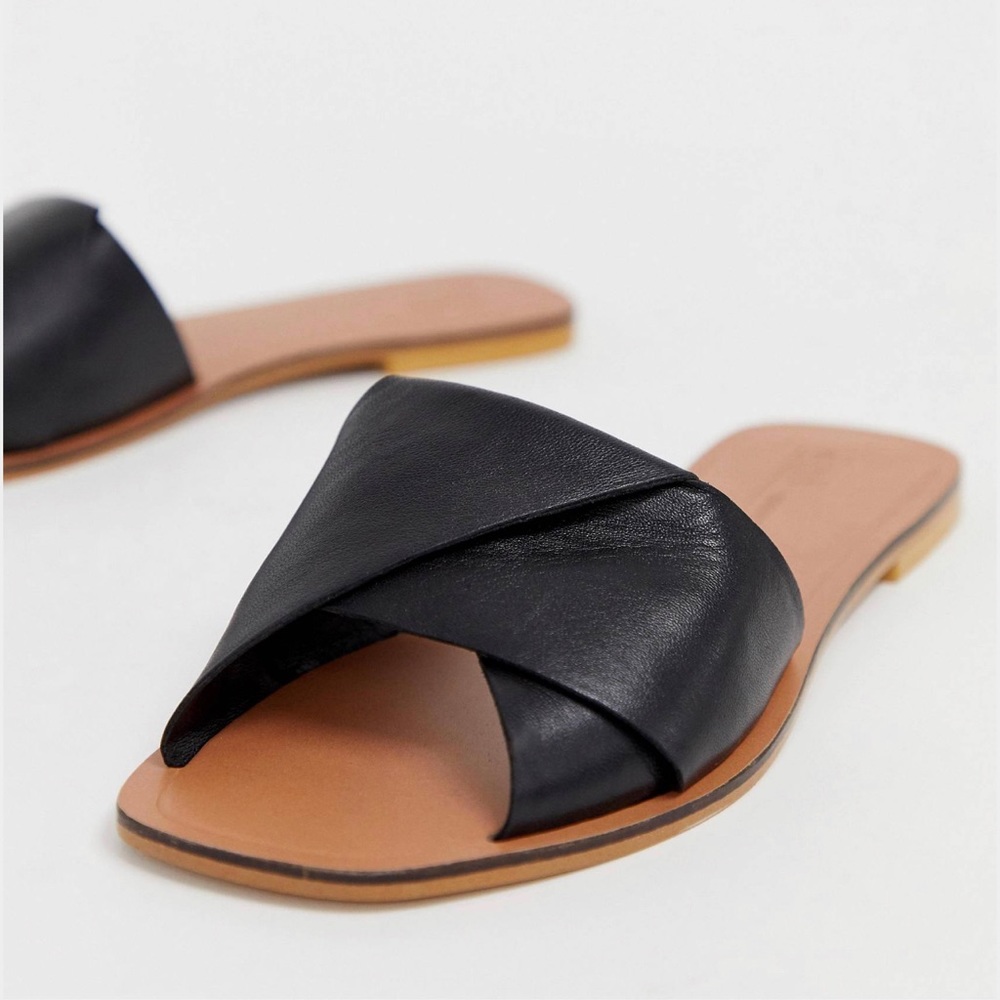 ASOS DESIGN wide fit black leather flat sandal slide side 8